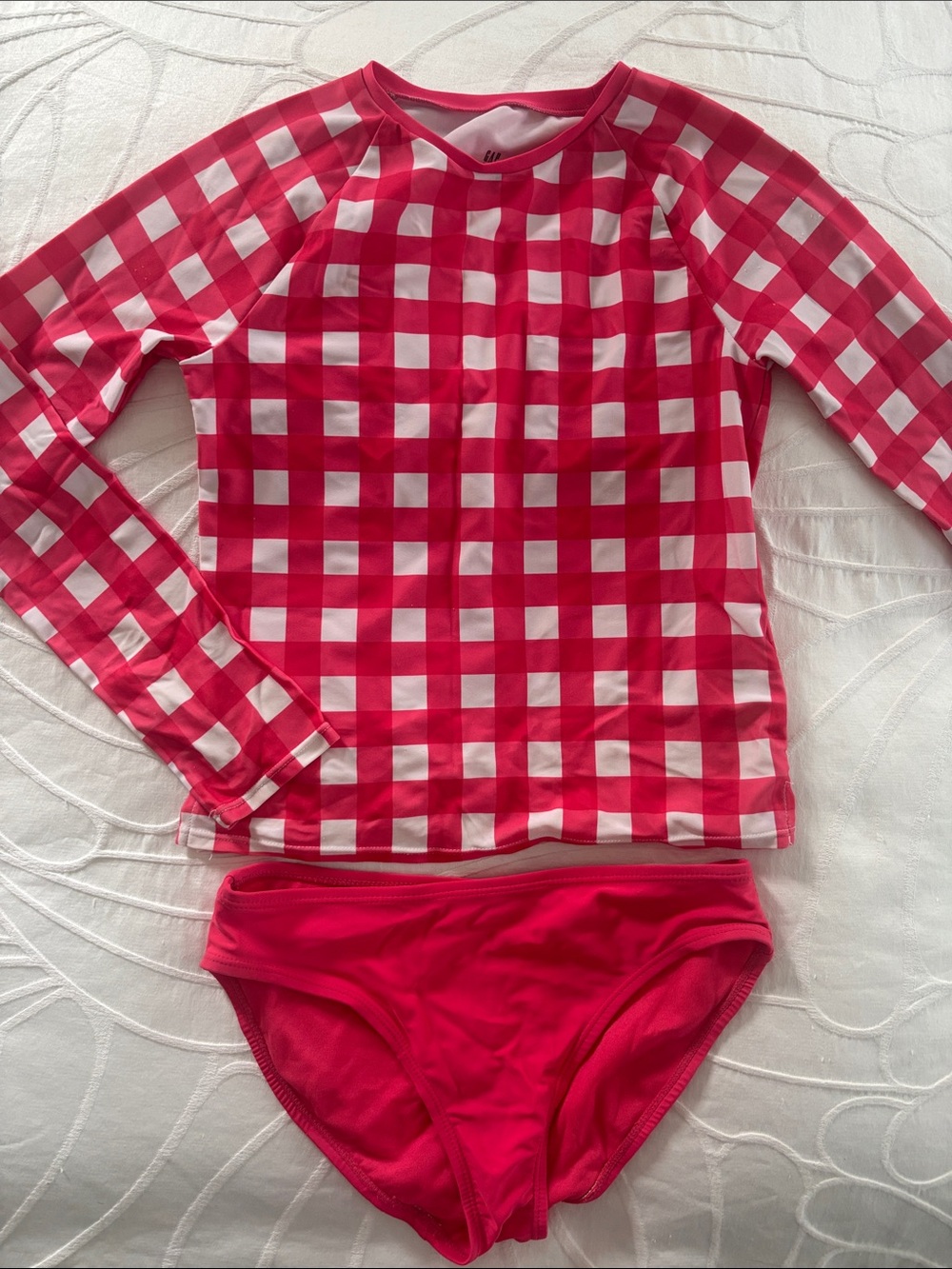 Girls' Pink Gingham Long-Sleeve Rash Guard Swim Set - Two-Piece